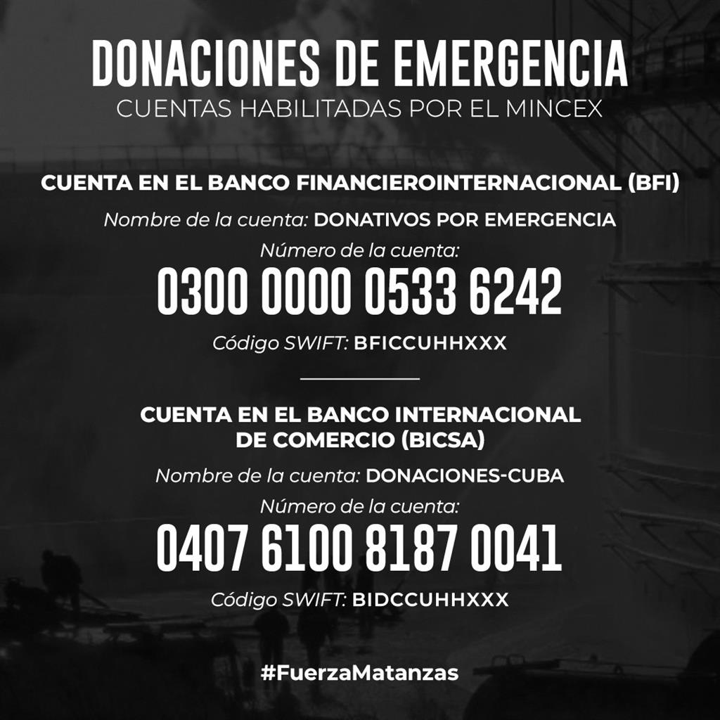 Cuentas del MINREX para donativos por el accidente en Matanzas